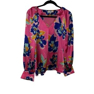 Entro boho bright pink blue floral long sleeve blouse shirt top large L like new